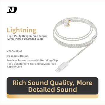 ND D5 bezoksidni bakar s srebrnim jezgrom, MFi potvrđeni Lightning audio kabel za slušalice s dvopinskim konektorom