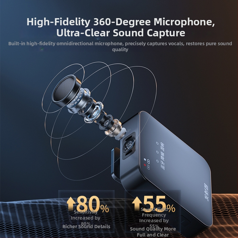 Lavalier mikrofón s integrovanou zvukovou kartou — bezdrôtový klipsový mikrofón pre živé vysielanie na mobile (Bluetooth 5.3, zabudovaná batéria 300–500 mAh, výdrž 6–8 h, frekvenčný rozsah 60 Hz–15 kHz)