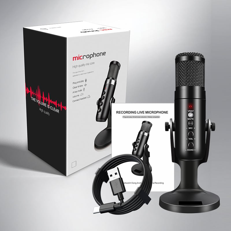 USB kondicijski mikrofon za prijenos uživo, pjevanje, igranje i sastanke — frekvencijski raspon 40 Hz–20 kHz; SNR ≥60 dB; napajanje 5 V; USB priključak