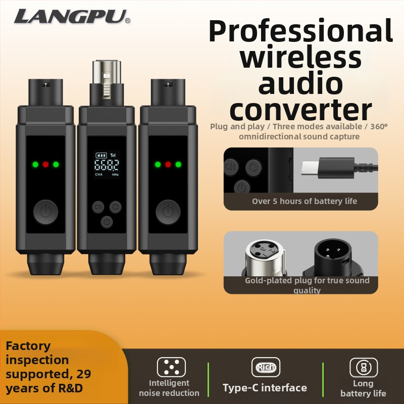 Langpu R-002 Bežični pretvarač mikrofona, 1‑na‑2 audio prijemnik/pojačalo, UHF 500–690 MHz, Omnidirekcionalni, Dinamički mikrofon