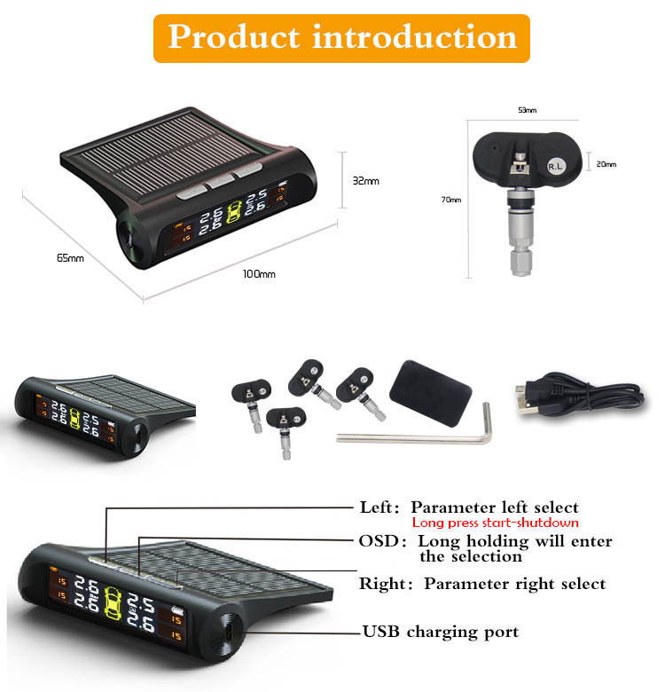 TPMS sustav za praćenje tlaka u gumama, solarno napajanje, bežično, univerzalna kompatibilnost, digitalni prikaz, raspon 0-6 bar