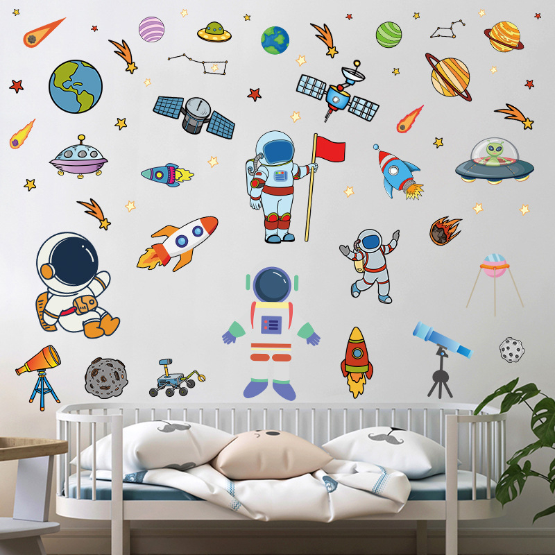 Zidna naljepnica: svemirski astronaut iz crtića, PVC, samoljepljiva, moderni minimalistički stil, uzorak likova, 1 komad