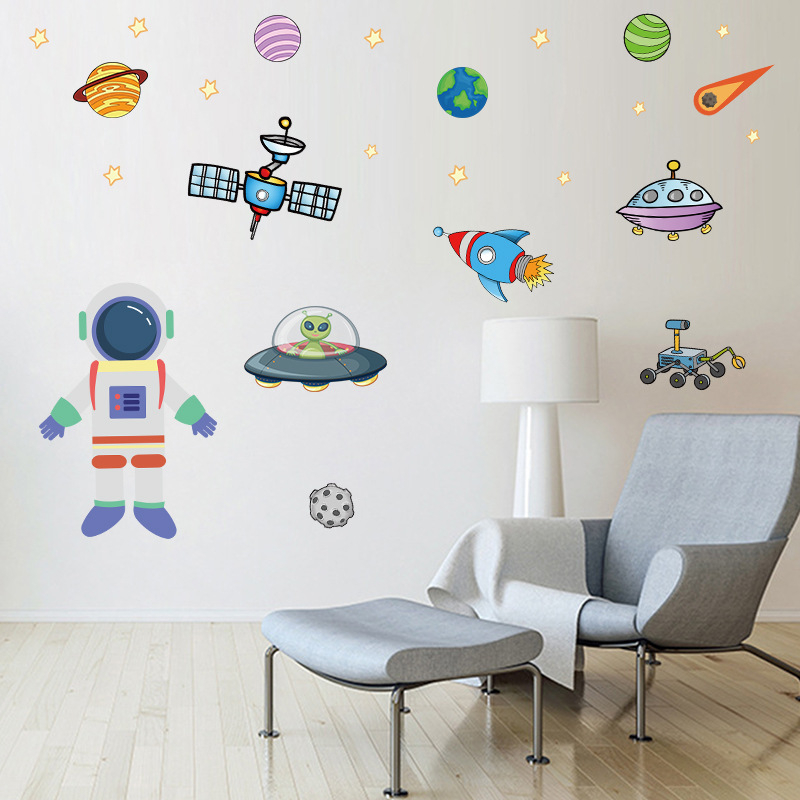 Zidna naljepnica: svemirski astronaut iz crtića, PVC, samoljepljiva, moderni minimalistički stil, uzorak likova, 1 komad