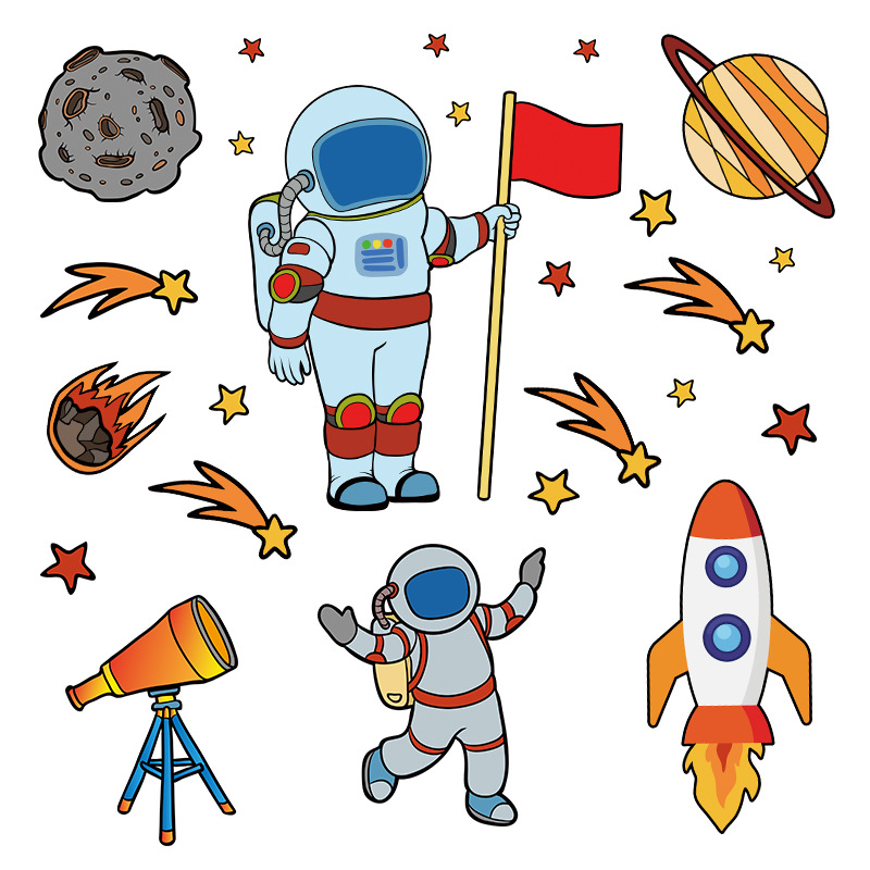 Zidna naljepnica: svemirski astronaut iz crtića, PVC, samoljepljiva, moderni minimalistički stil, uzorak likova, 1 komad