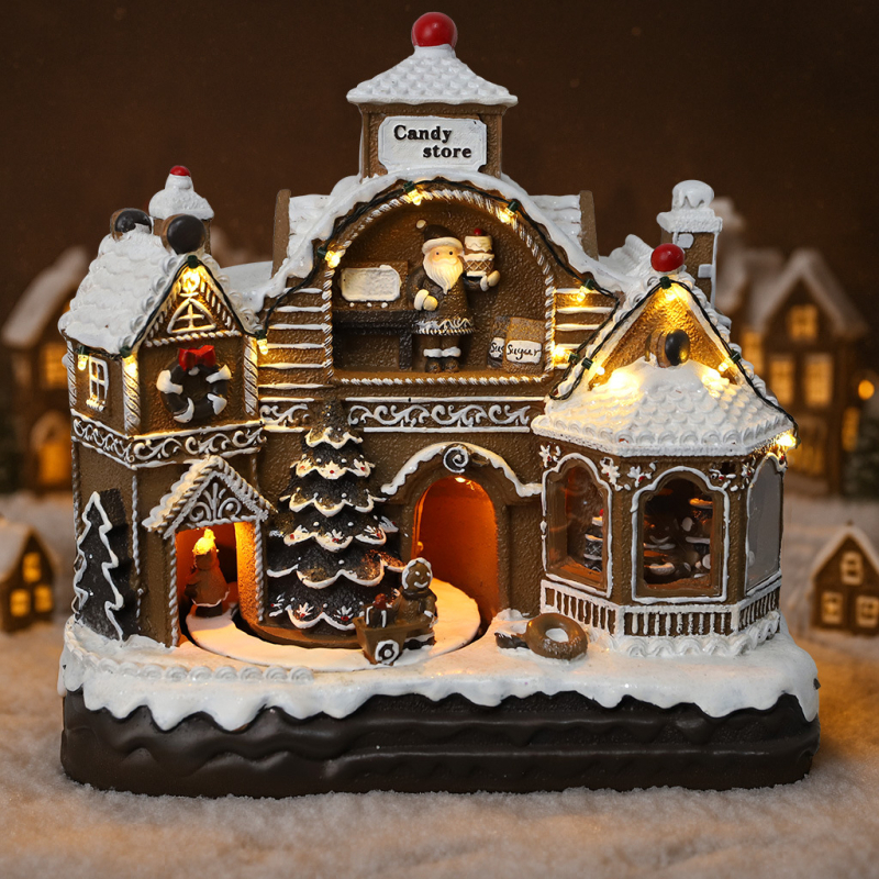 Glazbeni ukras — BeWei Božićna gingerbread kućica sa okretnim vlakom, smola BV327004Z