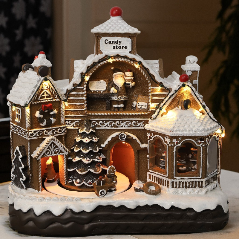 Glazbeni ukras — BeWei Božićna gingerbread kućica sa okretnim vlakom, smola BV327004Z