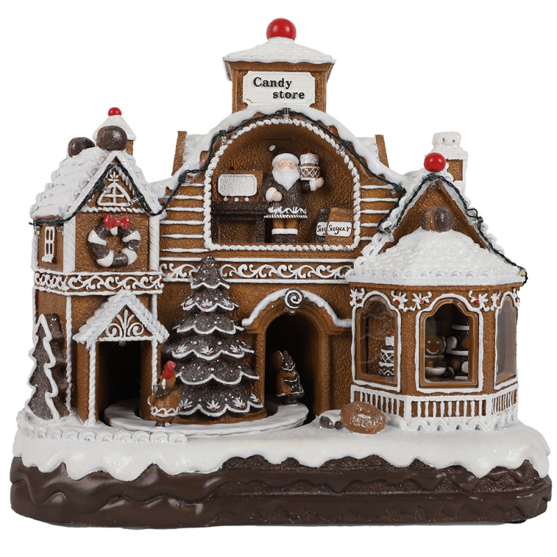Glazbeni ukras — BeWei Božićna gingerbread kućica sa okretnim vlakom, smola BV327004Z