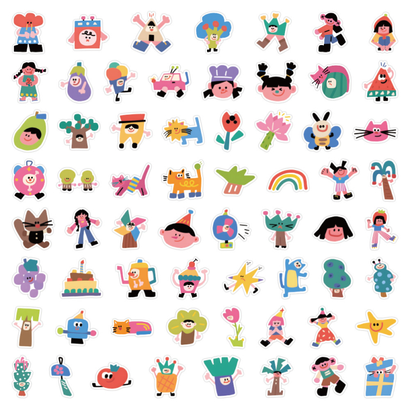 60-dijelni set samoljepljivih naljepnica s roztomilim cartoon ilustracijama u Lovable Wind stilu, tiskano; Ru Meng. Za DIY ukrase kutija, šalice, prijenosna računala i futrole za mobitele. IP autorizacija: nema.