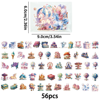 Set naljepnica: tema fantastični zabavni park, PET materijal, offset tisak, 56 komada, sladak stil
