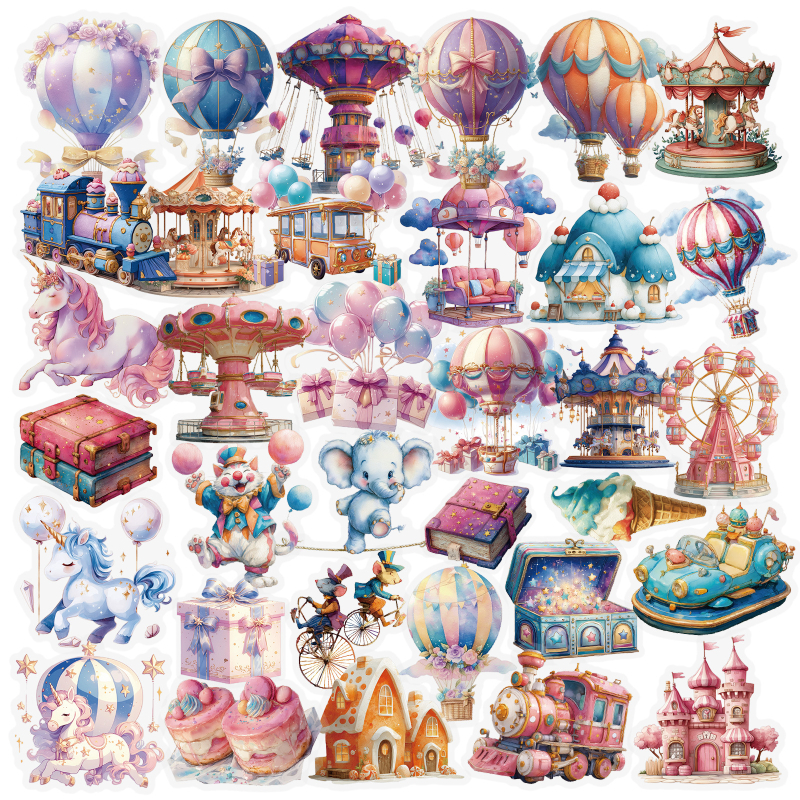 Set naljepnica: tema fantastični zabavni park, PET materijal, offset tisak, 56 komada, sladak stil
