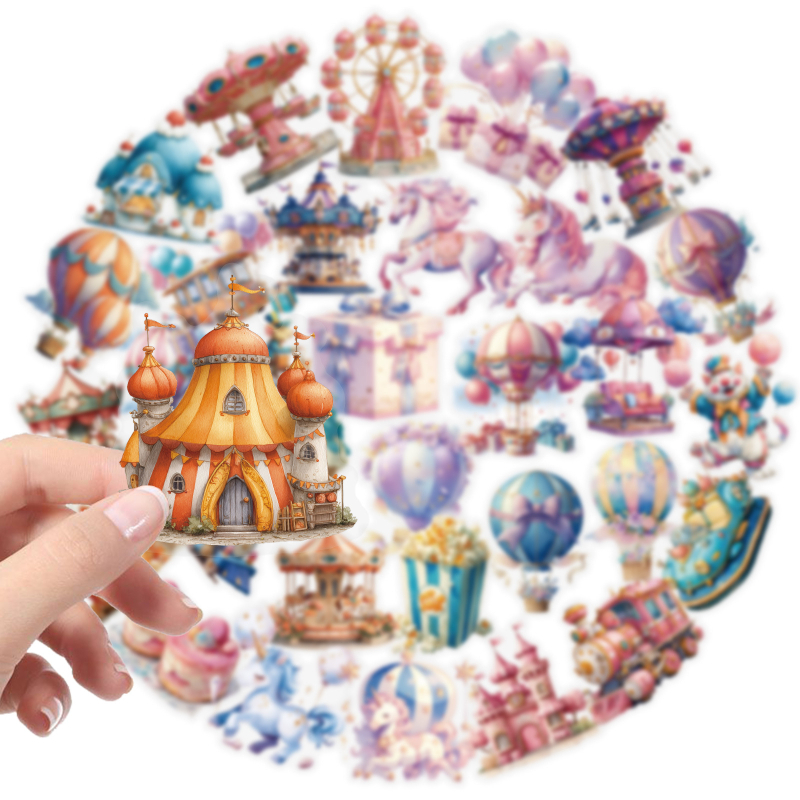 Set naljepnica: tema fantastični zabavni park, PET materijal, offset tisak, 56 komada, sladak stil