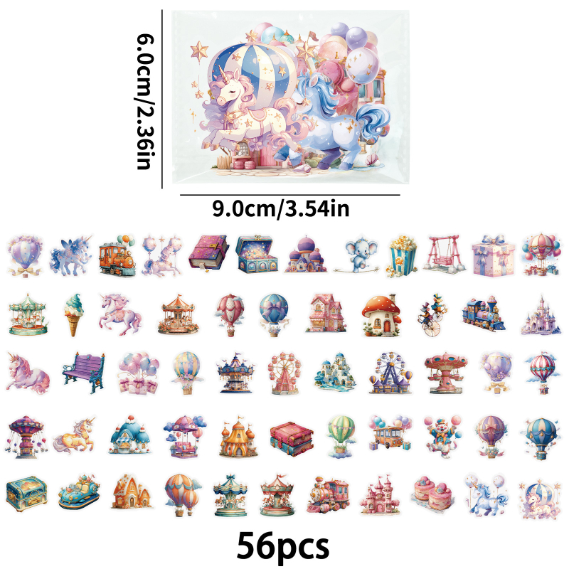 Set naljepnica: tema fantastični zabavni park, PET materijal, offset tisak, 56 komada, sladak stil