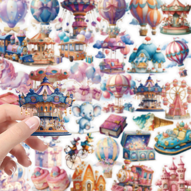 Set naljepnica: tema fantastični zabavni park, PET materijal, offset tisak, 56 komada, sladak stil