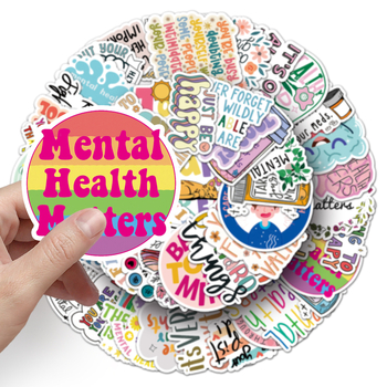 Set de autocolante: graffiti despre sănătatea mentală cu sloganuri în engleză pentru sticle de apă, huse de telefon și laptopuri; Brand Shi First; Seria English Series; Adeziv: Da; Proces: Offset printing; Greutate: 60 g