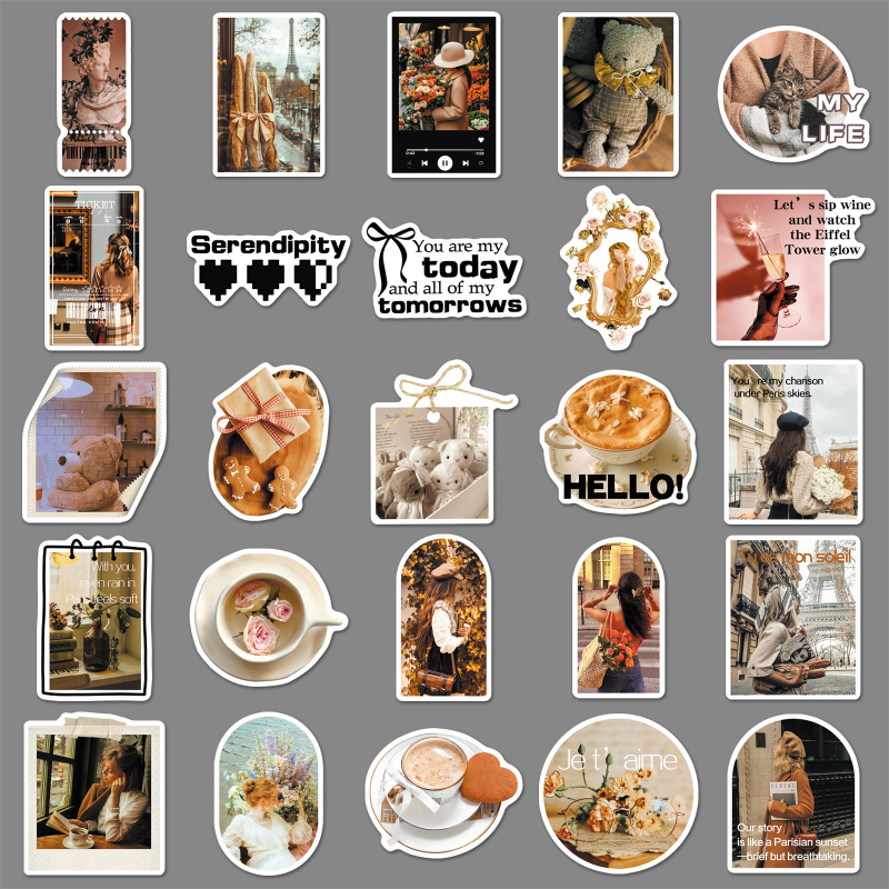 Autocolante – 50 autocolante în stil romantic francez, sofisticat, oniric și realist pentru cărți, scrisori și huse de telefon (Brand Huijiang; Adeziv: Da; Greutate: 30 g; Stil: drăguț; Producție: imprimare offset)