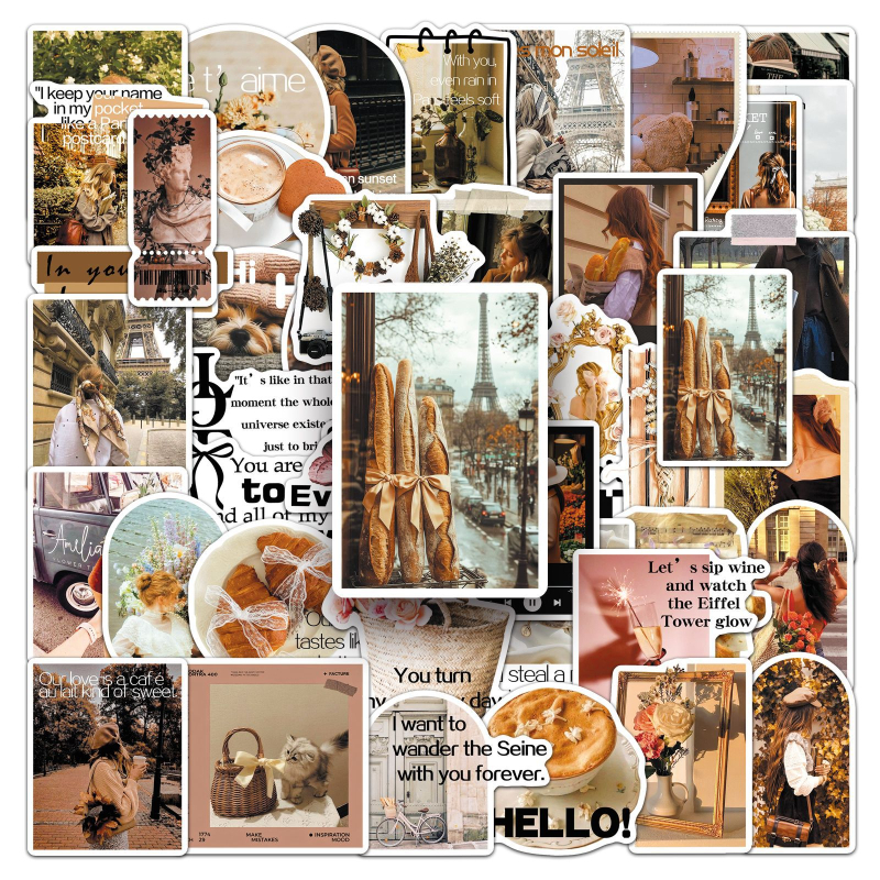 Autocolante – 50 autocolante în stil romantic francez, sofisticat, oniric și realist pentru cărți, scrisori și huse de telefon (Brand Huijiang; Adeziv: Da; Greutate: 30 g; Stil: drăguț; Producție: imprimare offset)