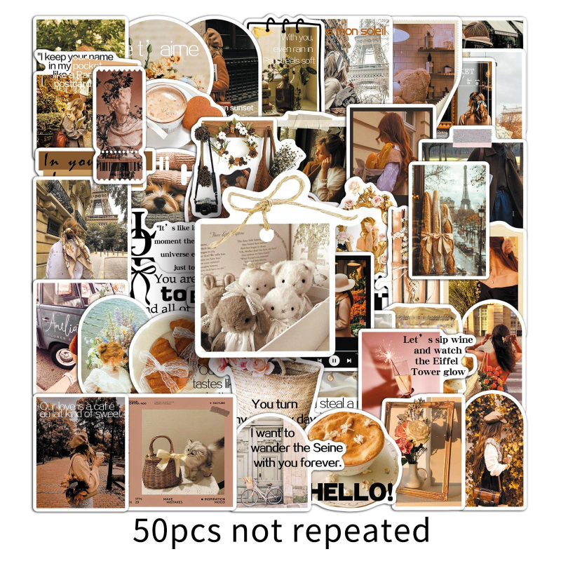 Autocolante – 50 autocolante în stil romantic francez, sofisticat, oniric și realist pentru cărți, scrisori și huse de telefon (Brand Huijiang; Adeziv: Da; Greutate: 30 g; Stil: drăguț; Producție: imprimare offset)