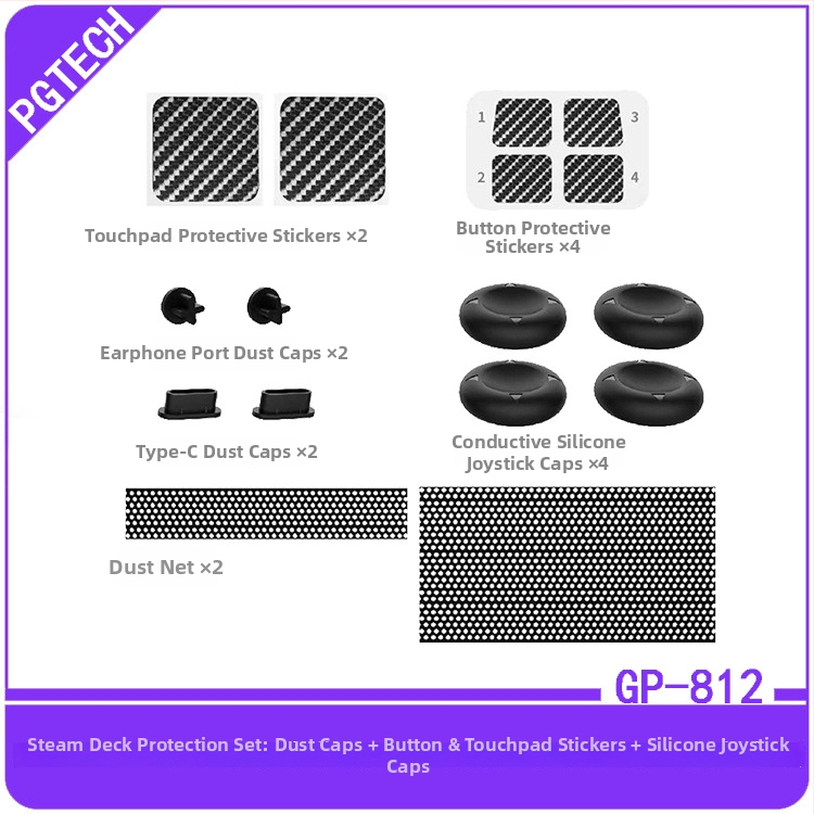 Set ochrany Steam Deck s prachovým zátkou, nálepkami na tlačidlá a touchpadom a silikónovými krytkami joystick GP-812