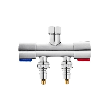 Robinet de balcon pentru mașina de spălat cu cuplaj 1→2 și două ieșiri, distribuție cu trei căi; oțel inoxidabil; miez de supapă din ceramică; corp cu o singură articulație; instalare ușoară.