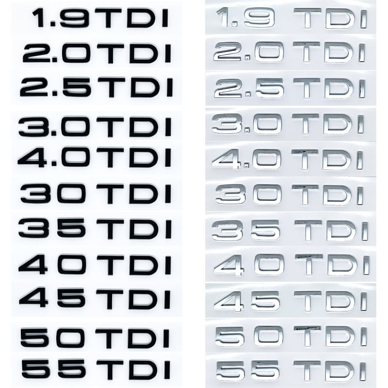 Audi TDI logotip slovima i oznakom zapremnine motora — dekorativna naljepnica za karoseriju za Audi modele A1, A3, A5, A4L, A6L, 8x3 cm
