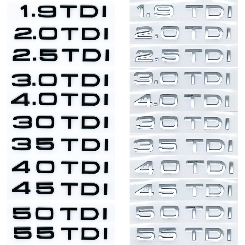 Audi TDI logotip slovima i oznakom zapremnine motora — dekorativna naljepnica za karoseriju za Audi modele A1, A3, A5, A4L, A6L, 8x3 cm