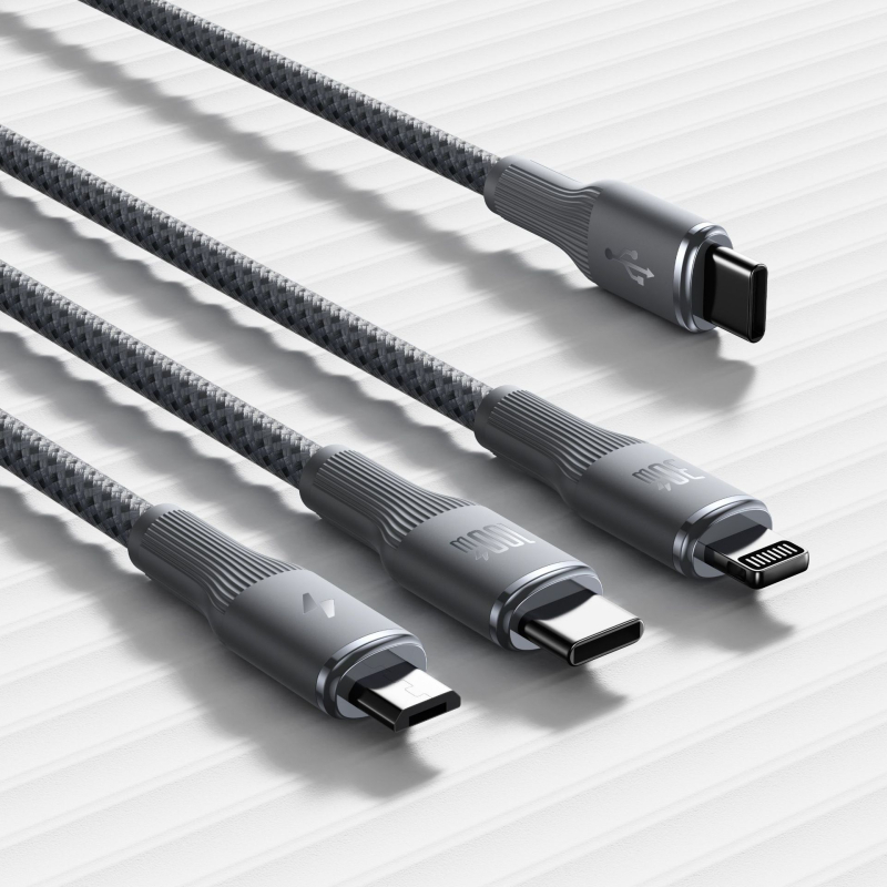 Romoss три в едно кабел за данни с бързо зареждане – Lightning, Micro USB и Type-C, 3-в-1 конектори, PC+ABS материал, макс. изход 100