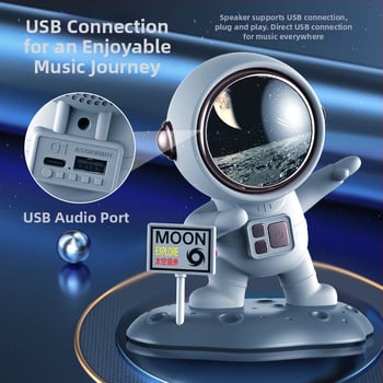 Astronaut Bluetooth zvučnik – 5W izlaz, Bluetooth 5.0, ugrađena baterija 1000–1200 mAh, frekvencijski raspon 20 Hz–20 kHz, domet 5 m, stolna dekoracija