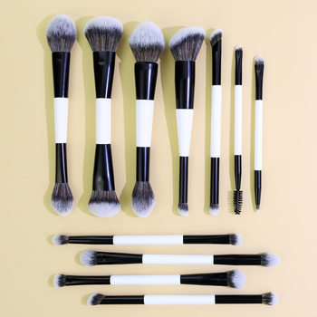 Set de 11 pensule de machiaj cu capete duble, în cutie, din nylon, mâner din lemn; include pensule pentru fond de ten, blush, fard de ochi și pudră liberă