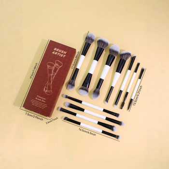 Set de 11 pensule de machiaj cu capete duble, în cutie, din nylon, mâner din lemn; include pensule pentru fond de ten, blush, fard de ochi și pudră liberă