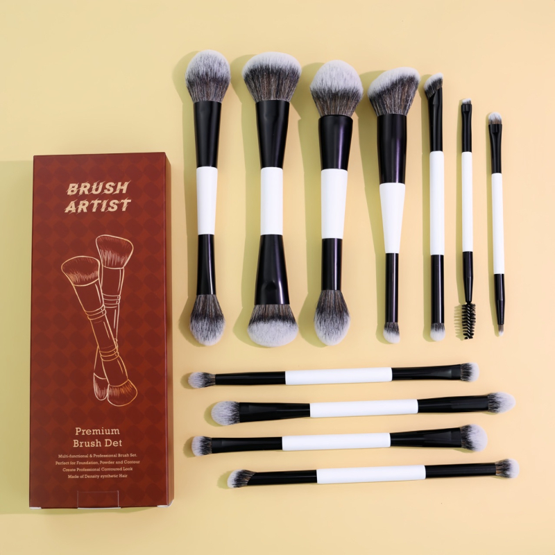 Set de 11 pensule de machiaj cu capete duble, în cutie, din nylon, mâner din lemn; include pensule pentru fond de ten, blush, fard de ochi și pudră liberă