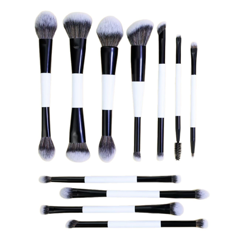 Set de 11 pensule de machiaj cu capete duble, în cutie, din nylon, mâner din lemn; include pensule pentru fond de ten, blush, fard de ochi și pudră liberă