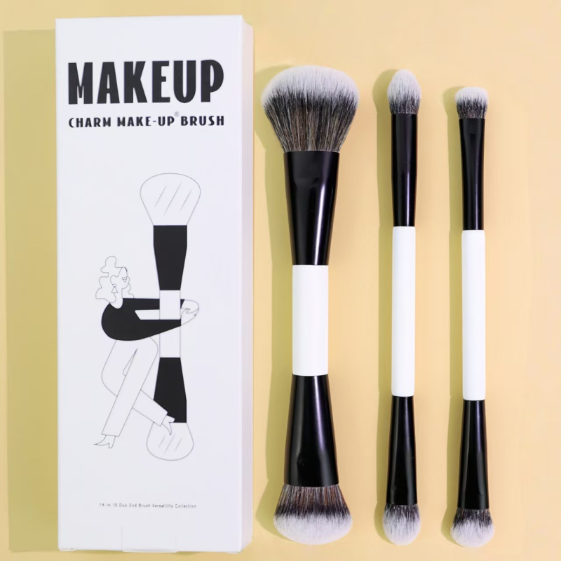 Set de 11 pensule de machiaj cu capete duble, în cutie, din nylon, mâner din lemn; include pensule pentru fond de ten, blush, fard de ochi și pudră liberă