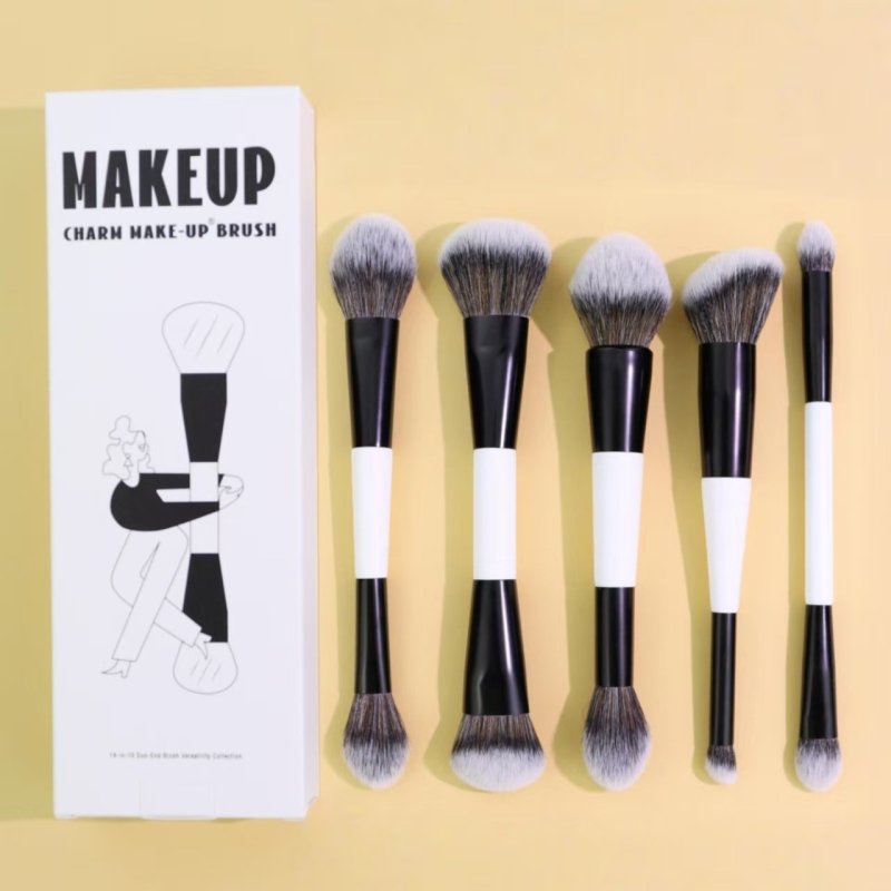 Set de 11 pensule de machiaj cu capete duble, în cutie, din nylon, mâner din lemn; include pensule pentru fond de ten, blush, fard de ochi și pudră liberă
