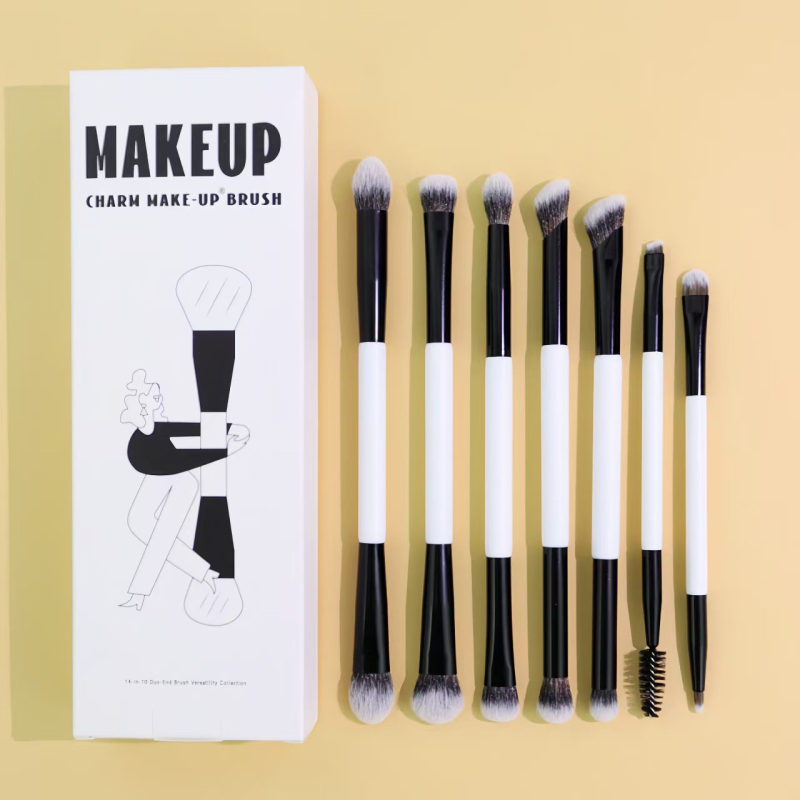 Set de 11 pensule de machiaj cu capete duble, în cutie, din nylon, mâner din lemn; include pensule pentru fond de ten, blush, fard de ochi și pudră liberă