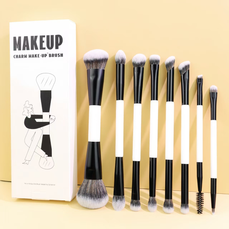Set de 11 pensule de machiaj cu capete duble, în cutie, din nylon, mâner din lemn; include pensule pentru fond de ten, blush, fard de ochi și pudră liberă