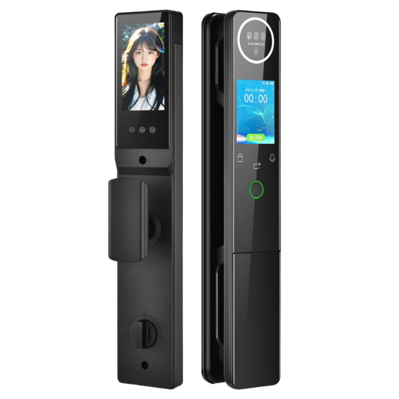 Okos bejárati zár 3D arcfelismeréssel, kettős kijelzővel, vizuális kukucskálóval, hozzáférés ujjlenyomattal és jelszóval (szkennelés <0,1 s; FAR <0.001%)