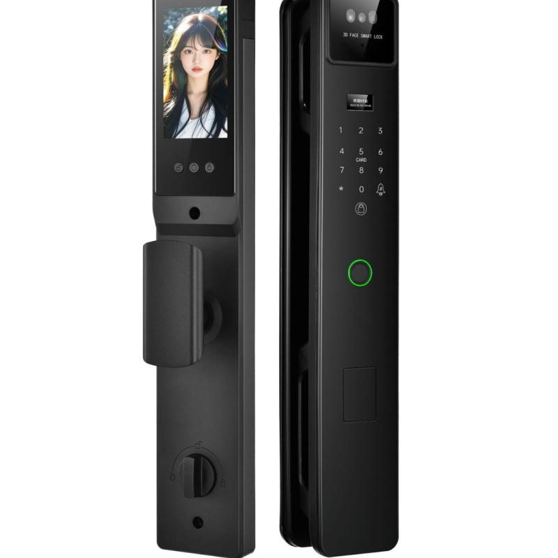 Okos bejárati zár 3D arcfelismeréssel, kettős kijelzővel, vizuális kukucskálóval, hozzáférés ujjlenyomattal és jelszóval (szkennelés <0,1 s; FAR <0.001%)