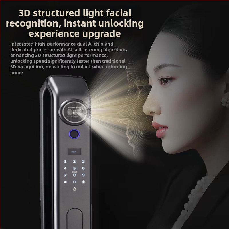 3D arcfelismeréses intelligens ajtózár, 100 ujjlenyomat tárhely, távoli videó interkom, látható macska szem, akár 100000 feloldás