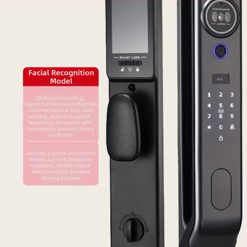 3D arcfelismeréses intelligens ajtózár, 100 ujjlenyomat tárhely, távoli videó interkom, látható macska szem, akár 100000 feloldás