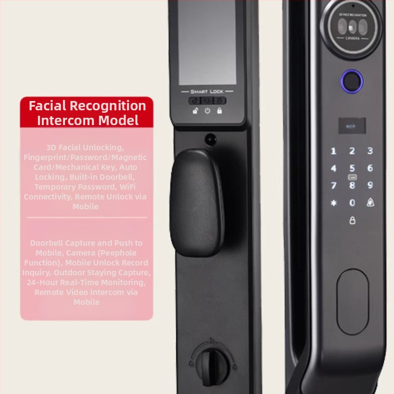 3D arcfelismeréses intelligens ajtózár, 100 ujjlenyomat tárhely, távoli videó interkom, látható macska szem, akár 100000 feloldás