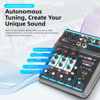 4-kanálový USB mini mixér Bluetooth, reverb, vstup mikrofónu, výstup 6,5 mm