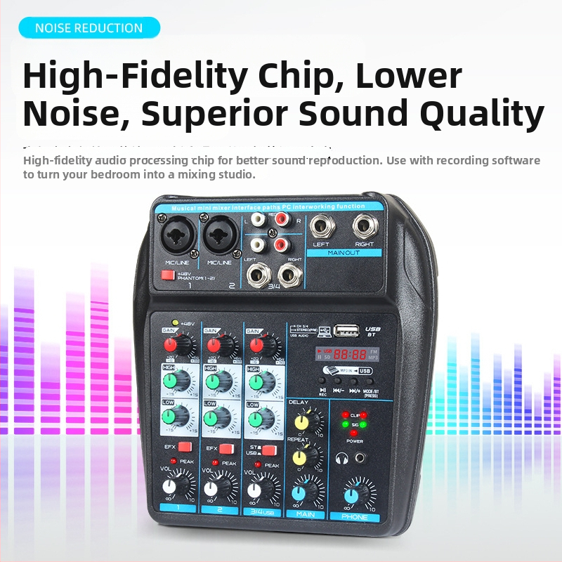 4-kanálový USB mini mixér Bluetooth, reverb, vstup mikrofónu, výstup 6,5 mm