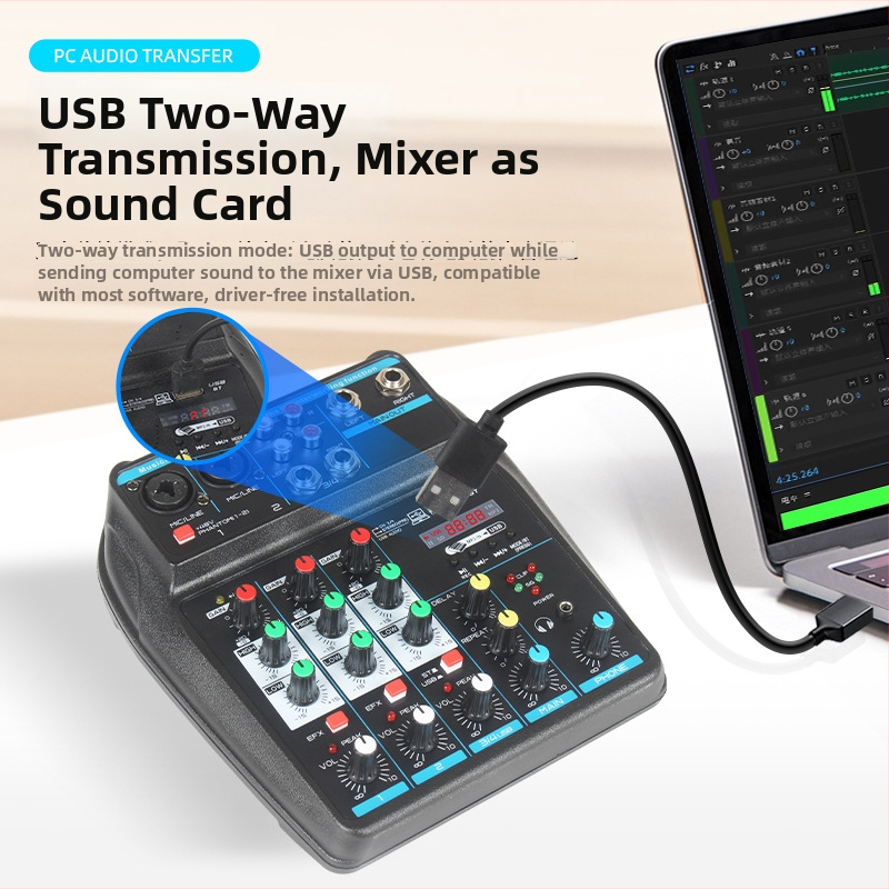 4-kanálový USB mini mixér Bluetooth, reverb, vstup mikrofónu, výstup 6,5 mm