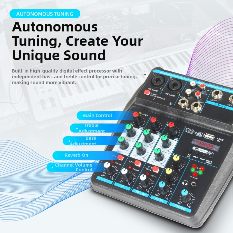 4-kanálový USB mini mixér Bluetooth, reverb, vstup mikrofónu, výstup 6,5 mm