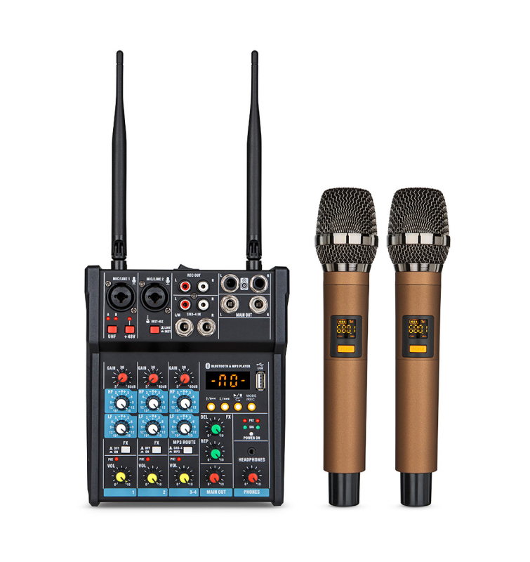 Mixer cu 2 canale cu amplificator încorporat și Bluetooth, sistem microfon KTV, bandă de frecvențe 100 Hz–20 kHz, SNR ≥70 dB