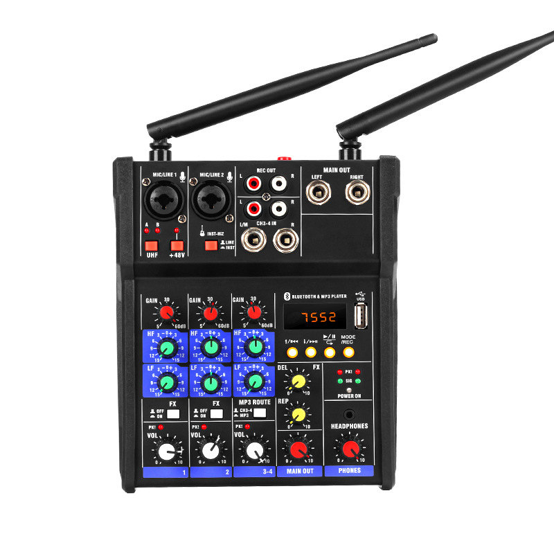 Mixer cu 2 canale cu amplificator încorporat și Bluetooth, sistem microfon KTV, bandă de frecvențe 100 Hz–20 kHz, SNR ≥70 dB