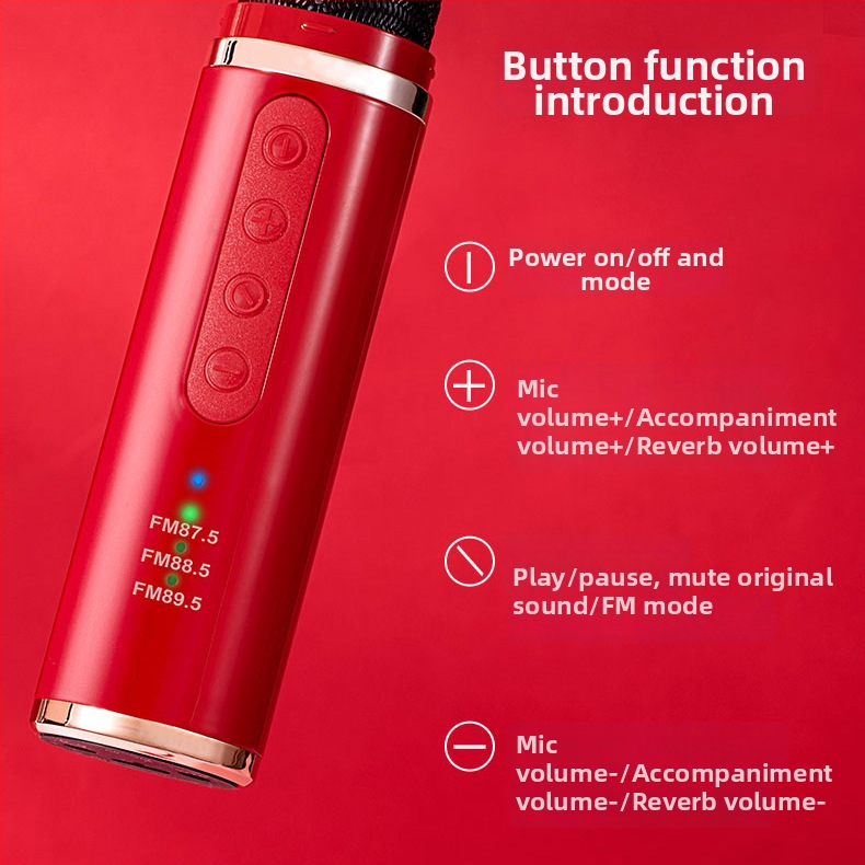 Bezdrôtový automobilový karaoke mikrofón, model Q1 — Bluetooth 5.0, vstavaná batéria 300–500 mAh, frekvenčný rozsah 100 Hz–20 kHz, SNR ≥85 dB