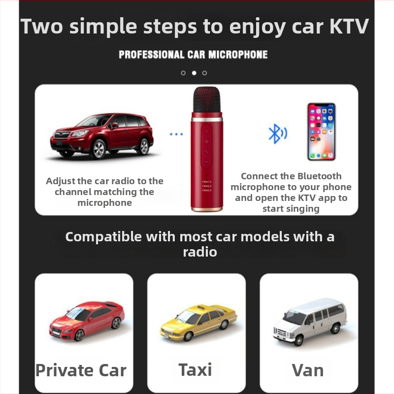 Bezdrôtový automobilový karaoke mikrofón, model Q1 — Bluetooth 5.0, vstavaná batéria 300–500 mAh, frekvenčný rozsah 100 Hz–20 kHz, SNR ≥85 dB