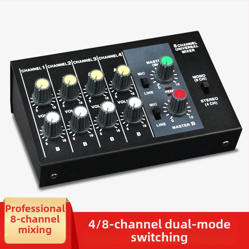 8-kanálový mixér Mix428 s mikrofónovým reverberátorom, rozšírenie mikrofónu, 6,5 mm rozhranie, napájanie 12V, model 4/8