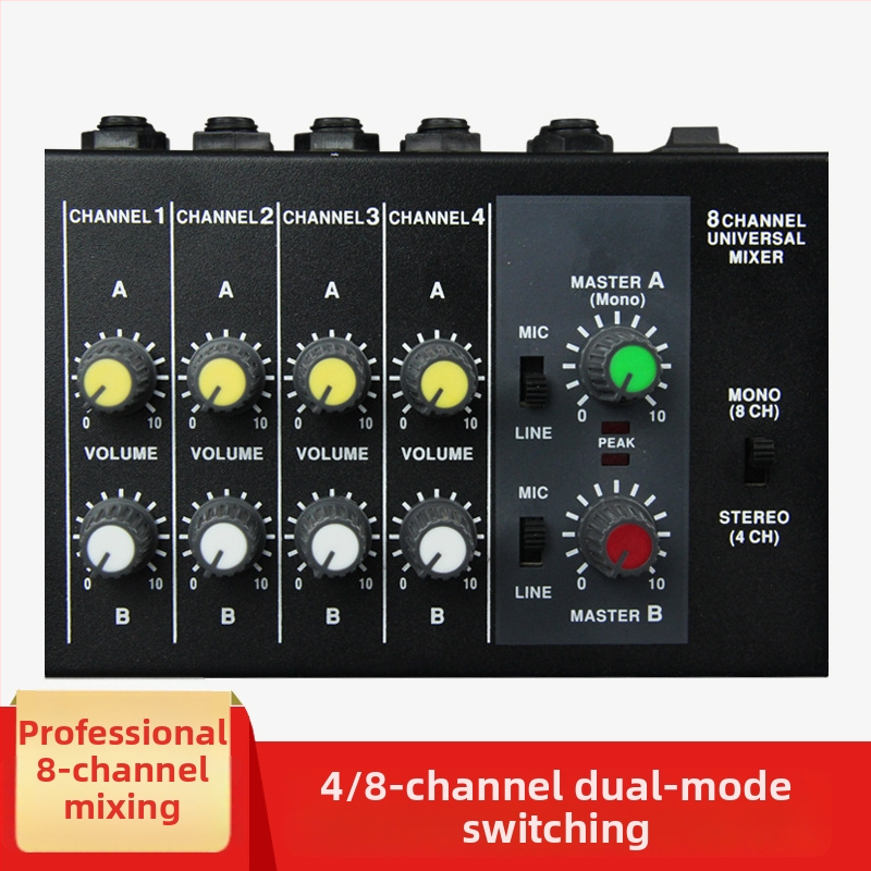 8-kanálový mixér Mix428 s mikrofónovým reverberátorom, rozšírenie mikrofónu, 6,5 mm rozhranie, napájanie 12V, model 4/8